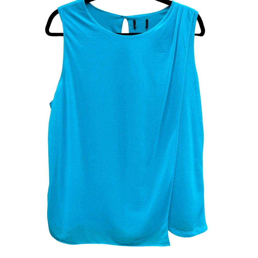 Flowy Turquoise Draped Sleeveless Keyhole Back Layered Pleated Shoulder Blouse L